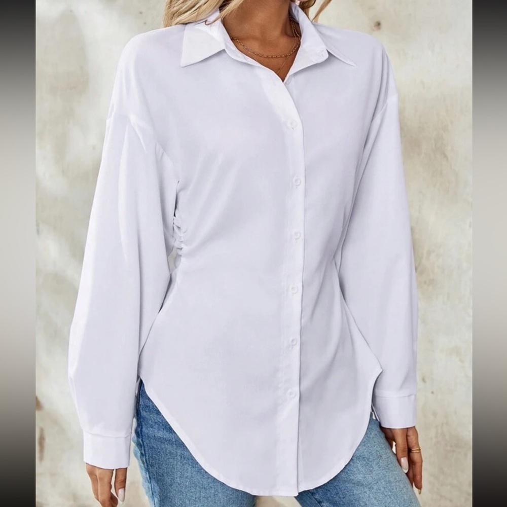 White Elegant Collared Clenched Waist Button Down Top - Picture 3 of 6